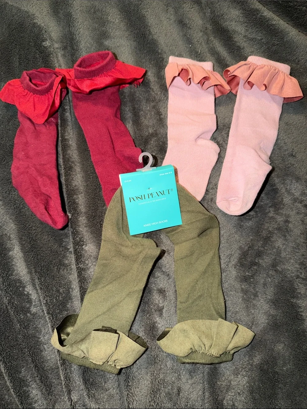 Posh Peanut Ruffle Knee-High Socks in Olive, Dusty Pink and Red - 3 Pack